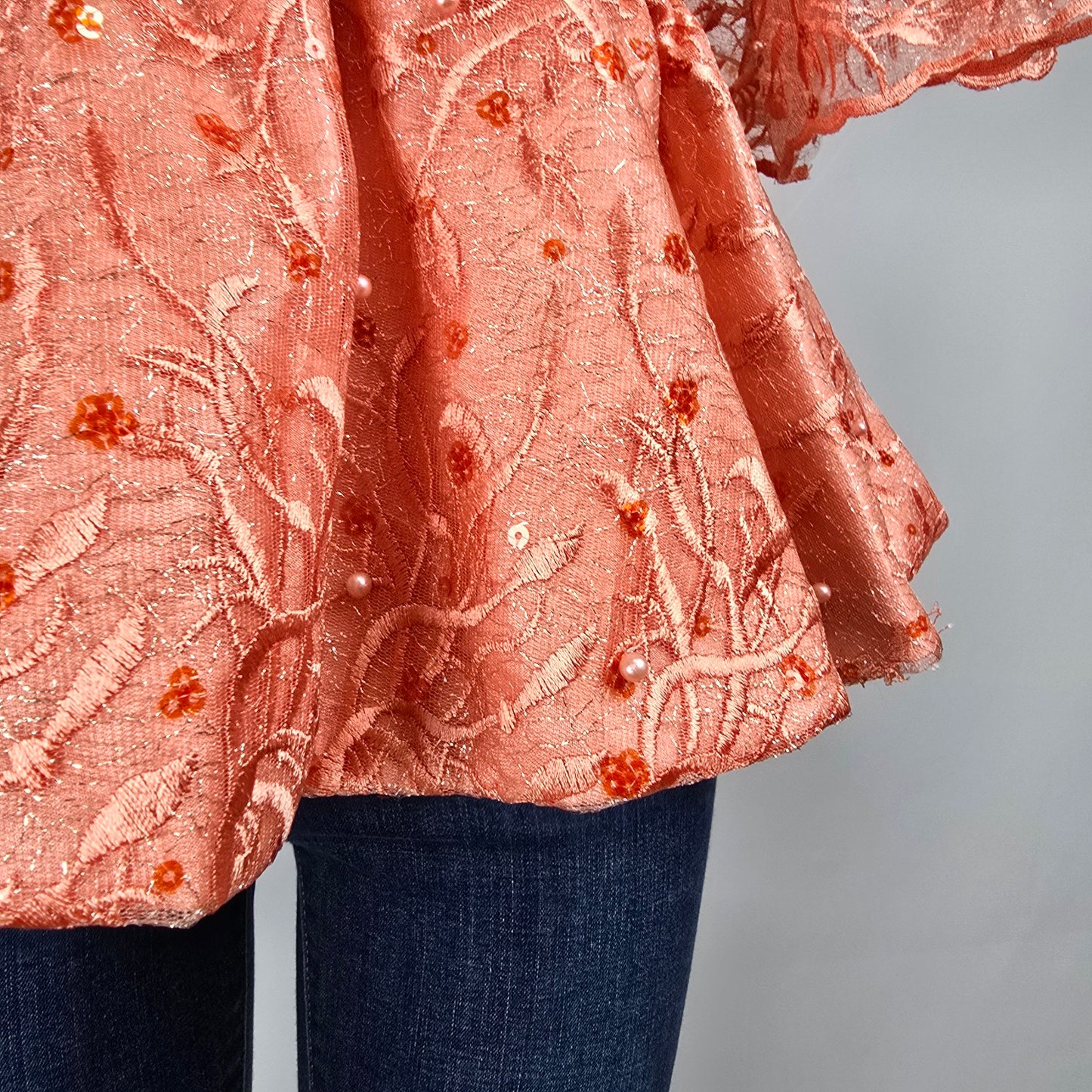 Vintage Handmade Peach Lace Peplum Blouse Size M/L