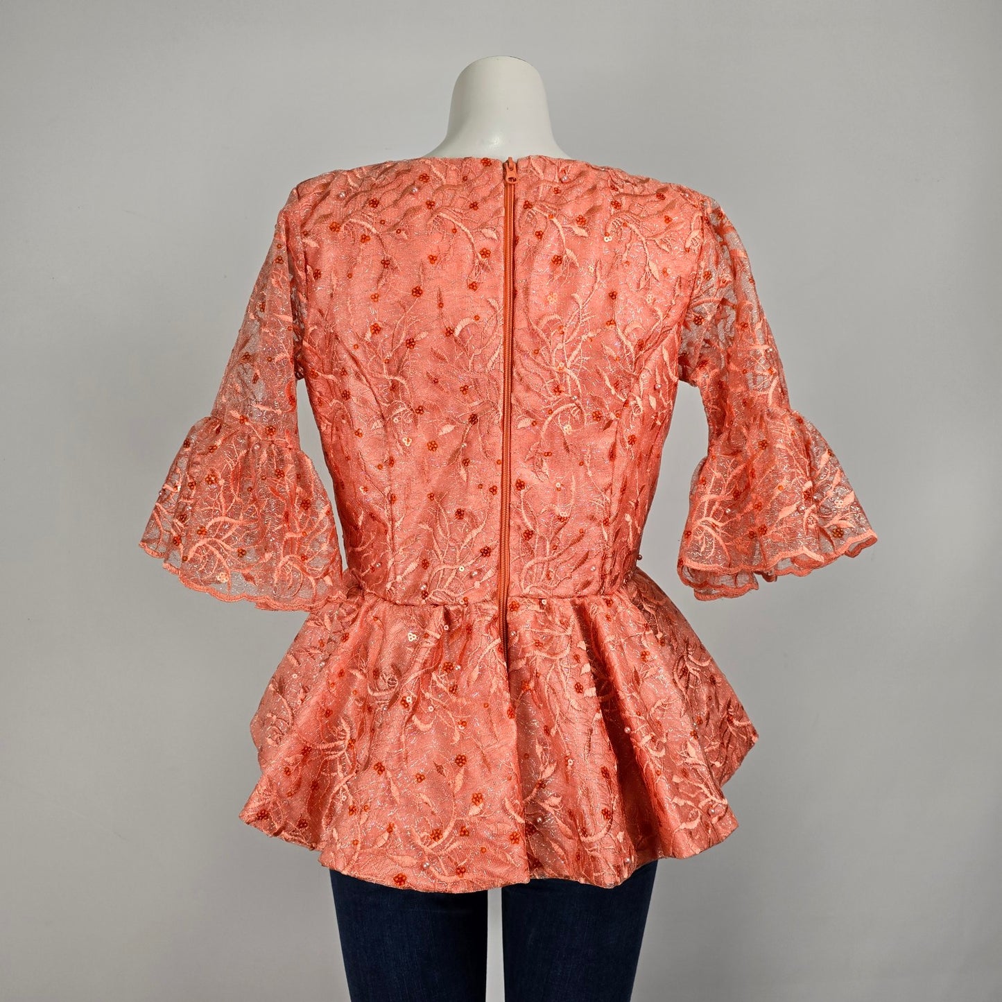 Vintage Handmade Peach Lace Peplum Blouse Size M/L