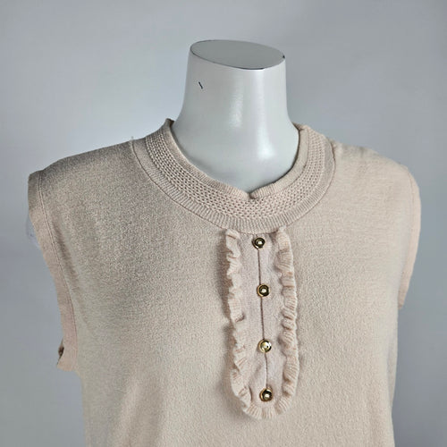 Vintage Cream Knit Beige Ruffle Neckline Knit Top Size L