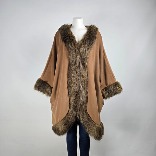 Adrienne Landau Brown Faux Fur Trimmed Poncho Jacket Size 3XL