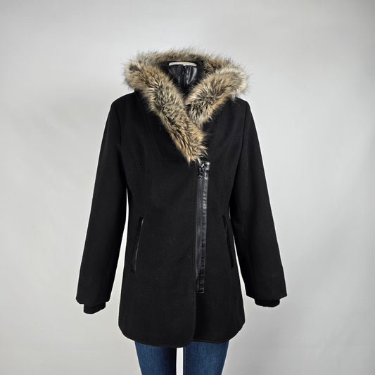 Attitude Black Fur Trimmed Black Hooded Jacket Size 10