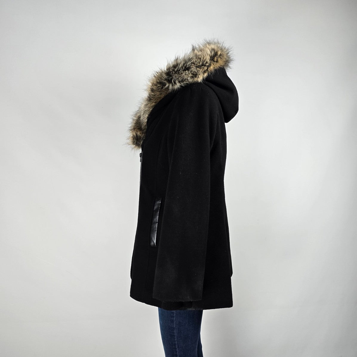 Attitude Black Fur Trimmed Black Hooded Jacket Size 10
