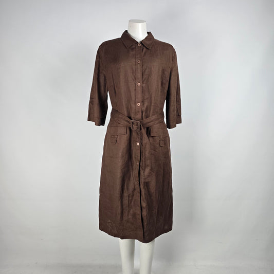Brown Linen Button Up Collared Midi Dress Size M/L