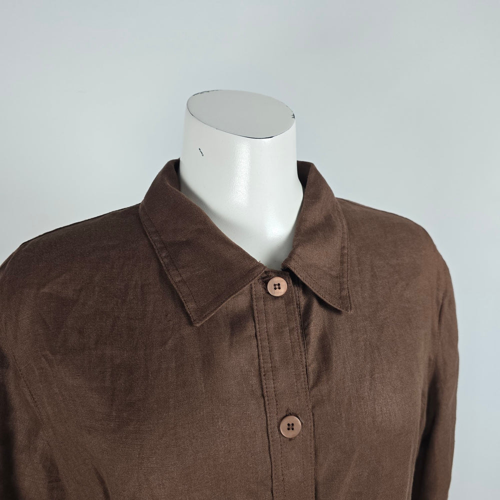 Brown Linen Button Up Collared Midi Dress Size M/L