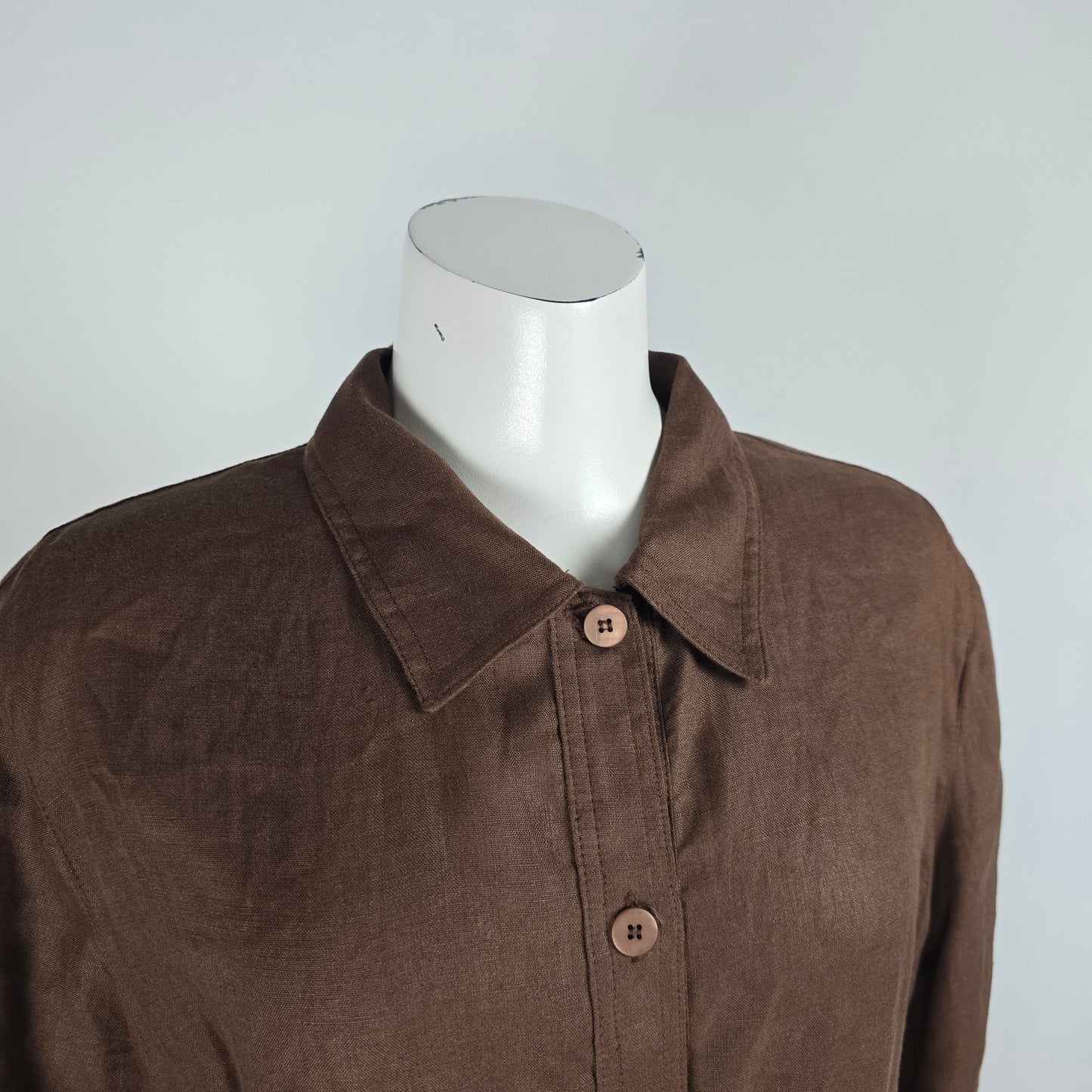 Brown Linen Button Up Collared Midi Dress Size M/L
