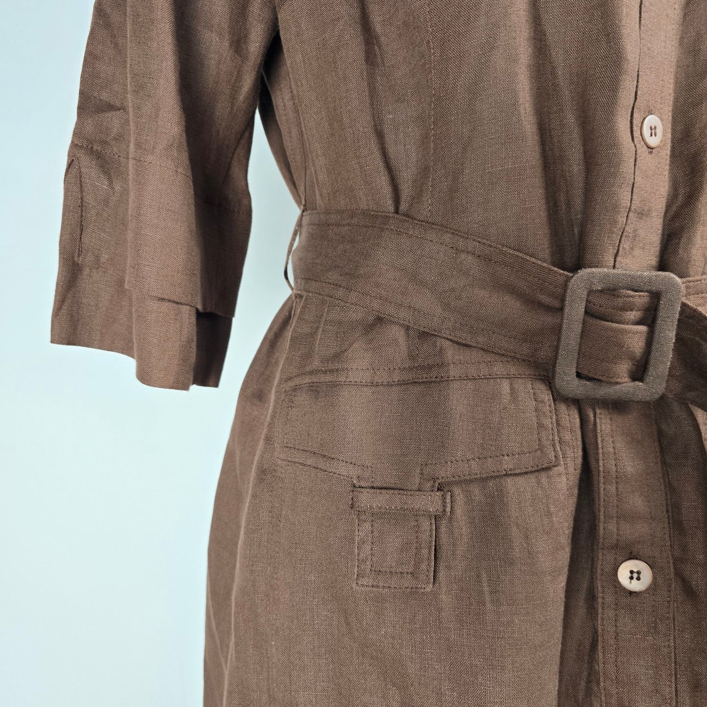 Brown Linen Button Up Collared Midi Dress Size M/L