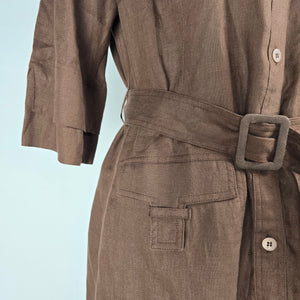 Brown Linen Button Up Collared Midi Dress Size M/L