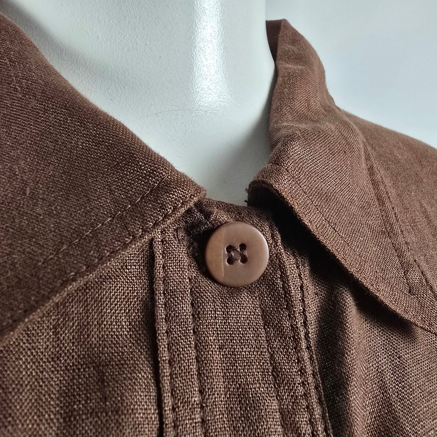 Brown Linen Button Up Collared Midi Dress Size M/L