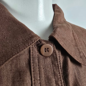Brown Linen Button Up Collared Midi Dress Size M/L