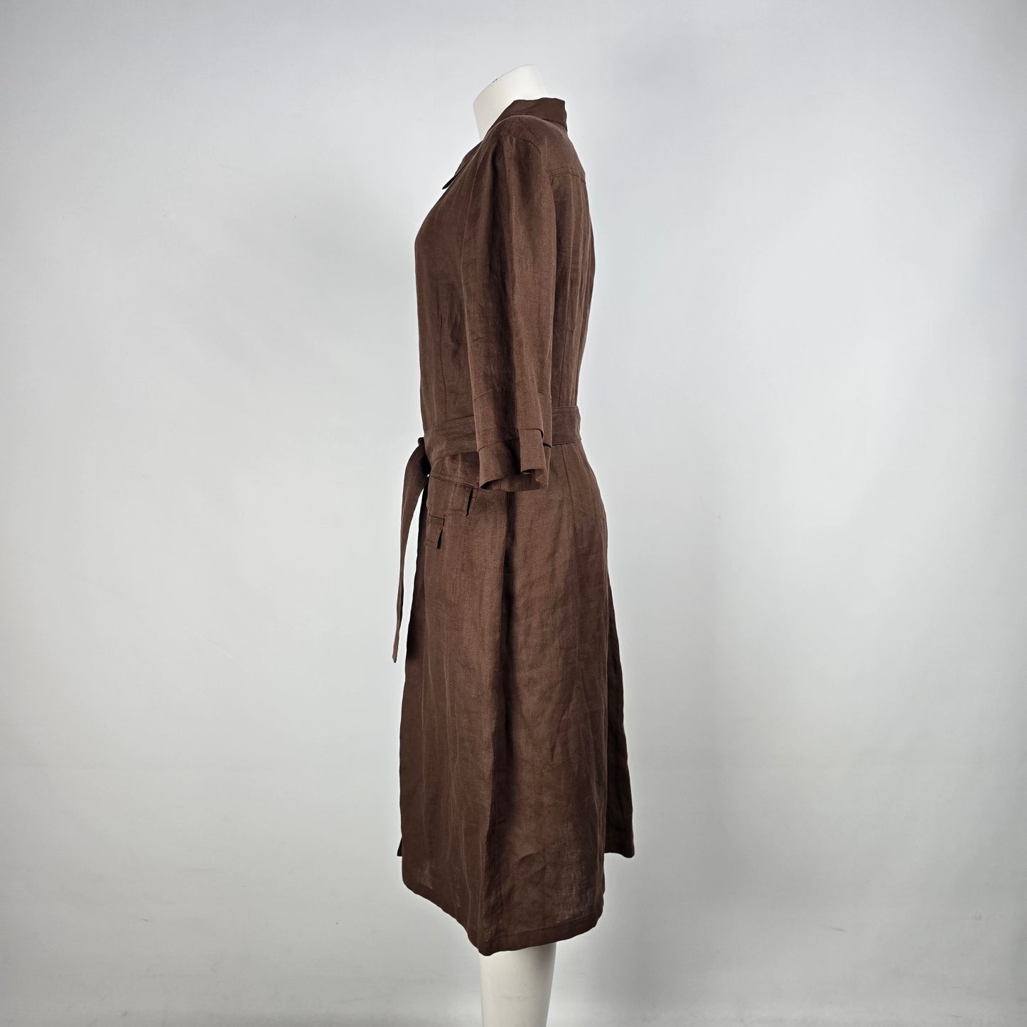 Brown Linen Button Up Collared Midi Dress Size M/L