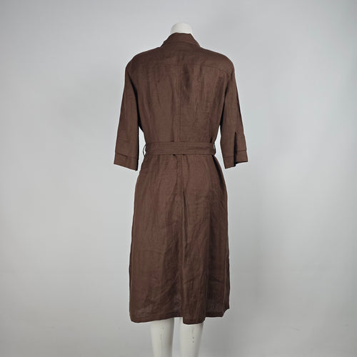 Brown Linen Button Up Collared Midi Dress Size M/L