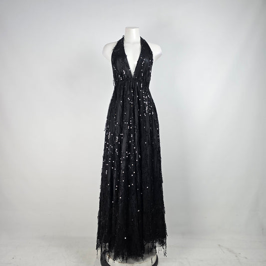 Xenia Black Halter Sequined Eventwear Gown Size 6