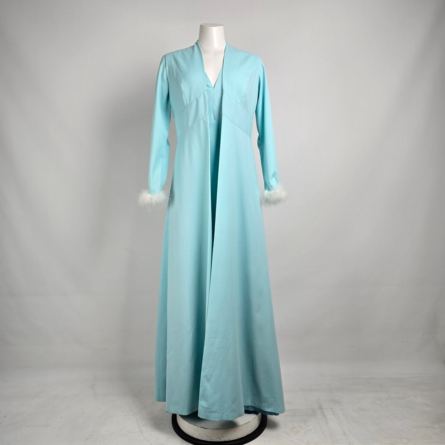 Vintage Blue Long Gown Feather Cuff Detail With Vest Size S