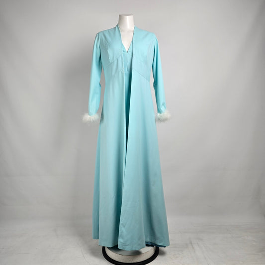 Vintage Blue Long Gown Feather Cuff Detail With Vest Size S