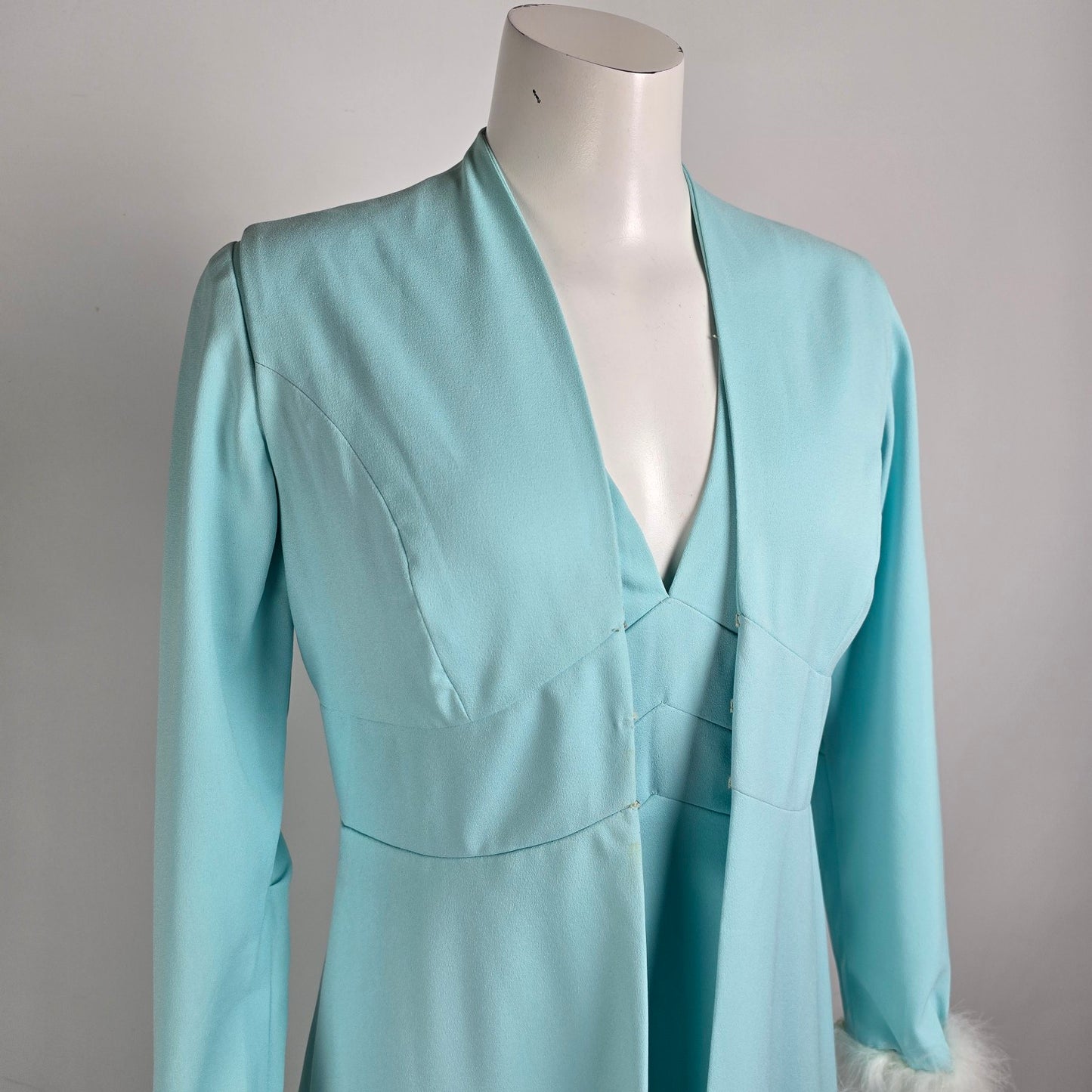 Vintage Blue Long Gown Feather Cuff Detail With Vest Size S