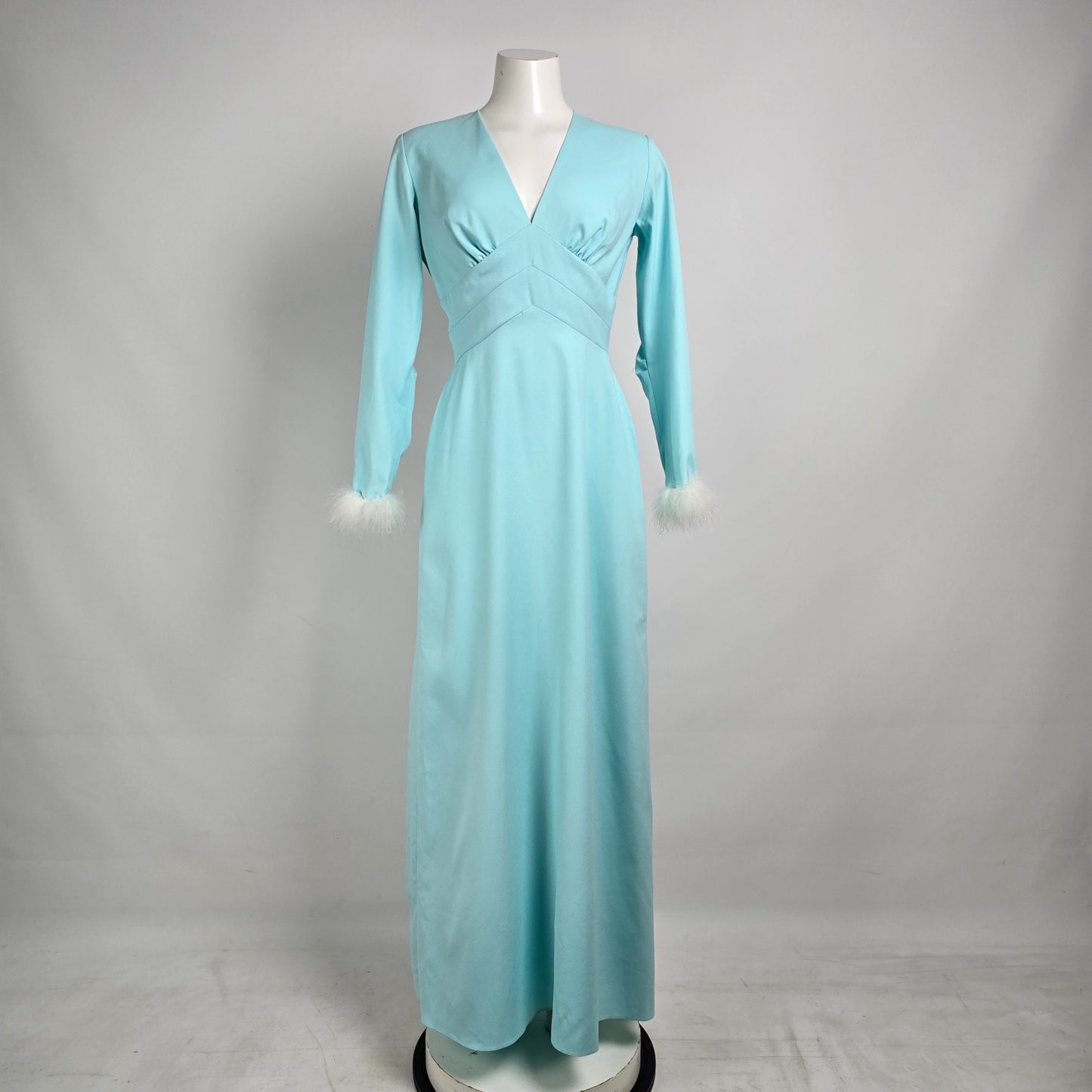 Vintage Blue Long Gown Feather Cuff Detail With Vest Size S