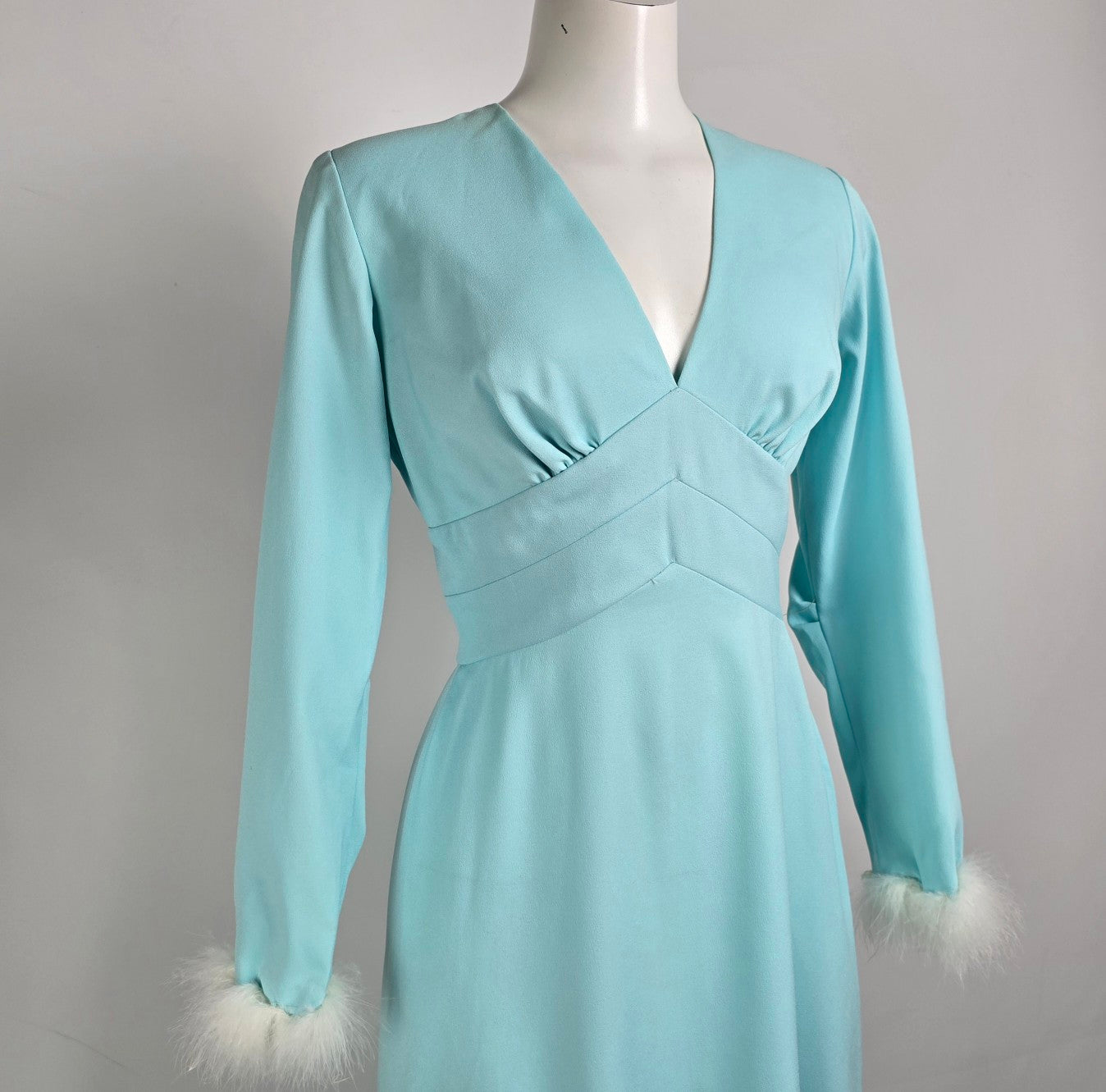 Vintage Blue Long Gown Feather Cuff Detail With Vest Size S
