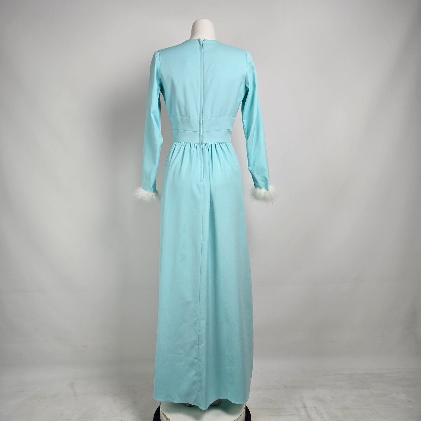 Vintage Blue Long Gown Feather Cuff Detail With Vest Size S