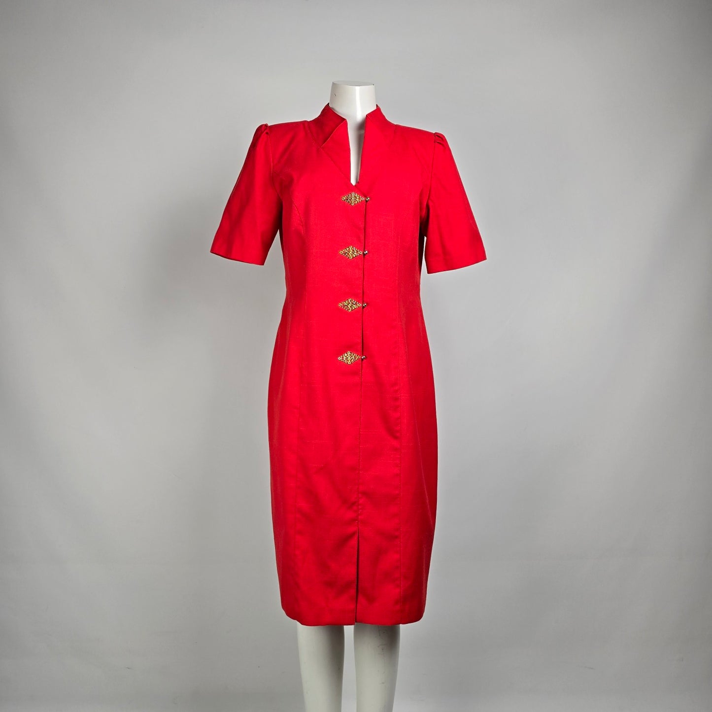 Vintage Piaf Red Gold Button Front Sheath Dress Size M