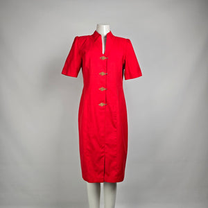 Vintage Piaf Red Gold Button Front Sheath Dress Size M