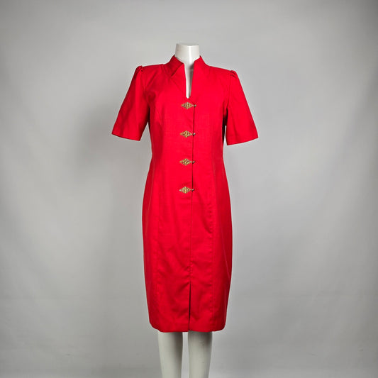 Vintage Piaf Red Gold Button Front Sheath Dress Size M
