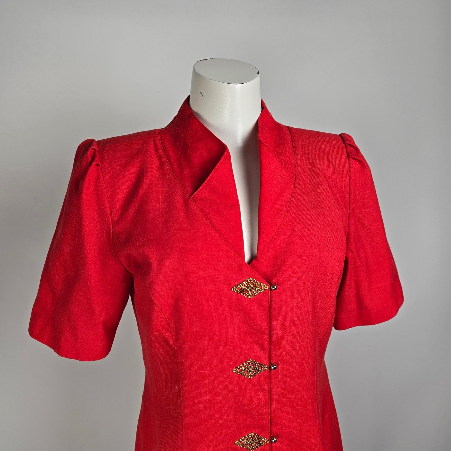 Vintage Piaf Red Gold Button Front Sheath Dress Size M
