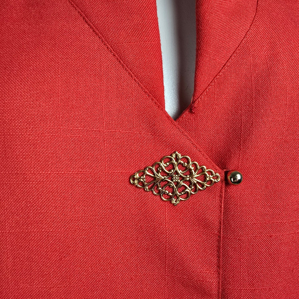 Vintage Piaf Red Gold Button Front Sheath Dress Size M