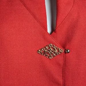 Vintage Piaf Red Gold Button Front Sheath Dress Size M