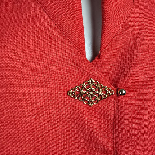 Vintage Piaf Red Gold Button Front Sheath Dress Size M