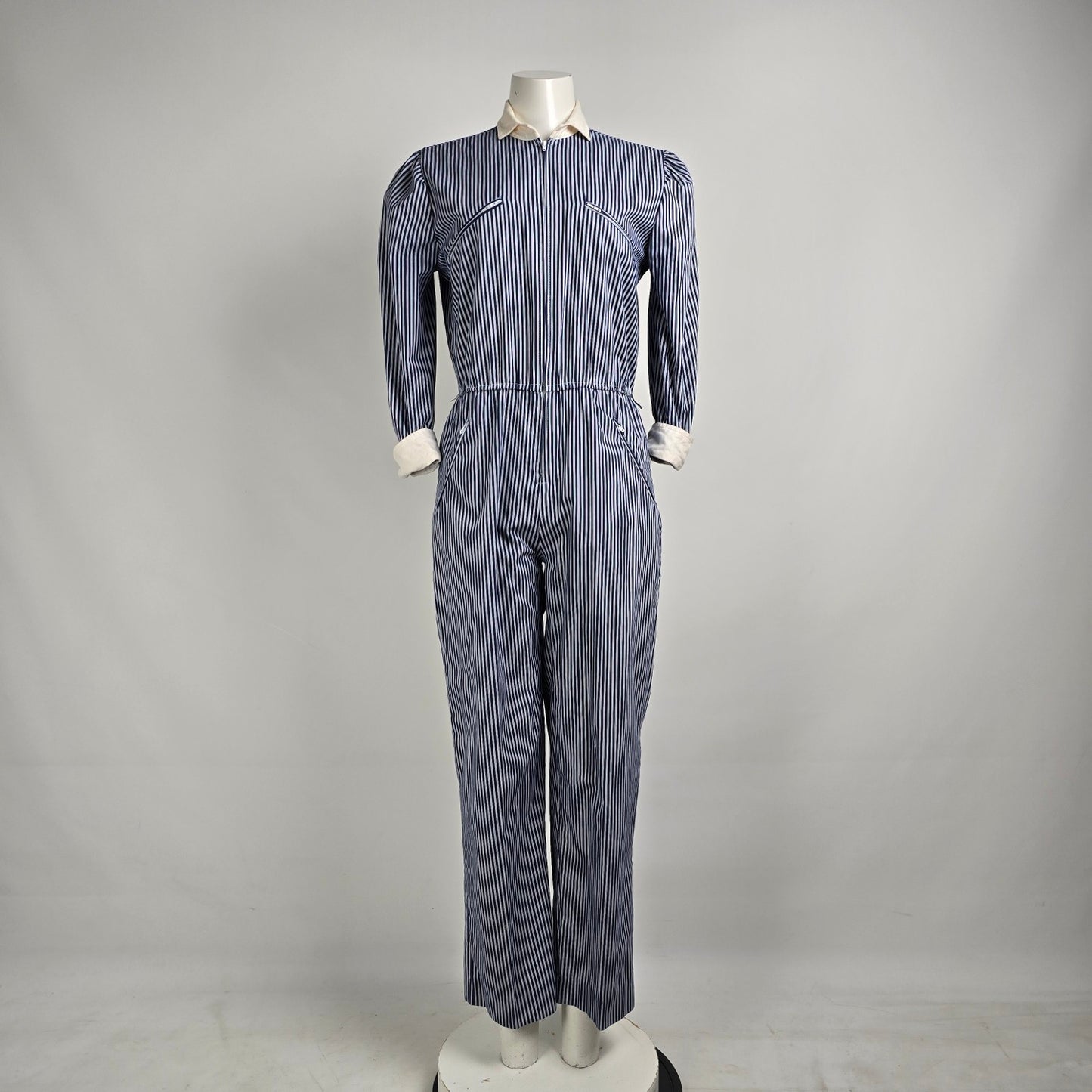 Vintage Impromptu Grey Stripped Puff Sleeve Jumpsuit Size S/M