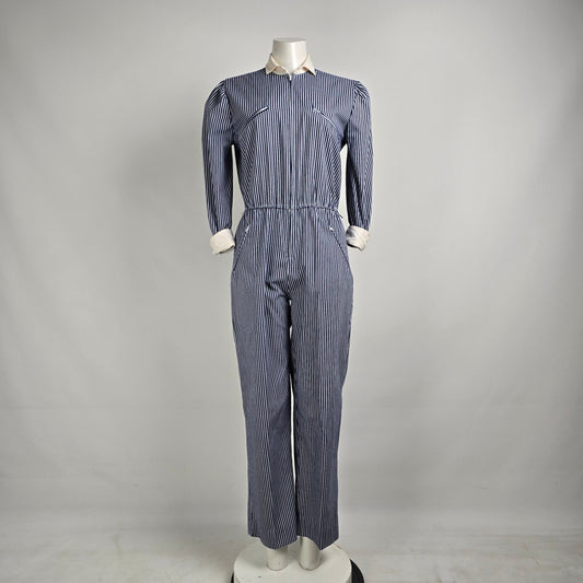 Vintage Impromptu Grey Stripped Puff Sleeve Jumpsuit Size S/M