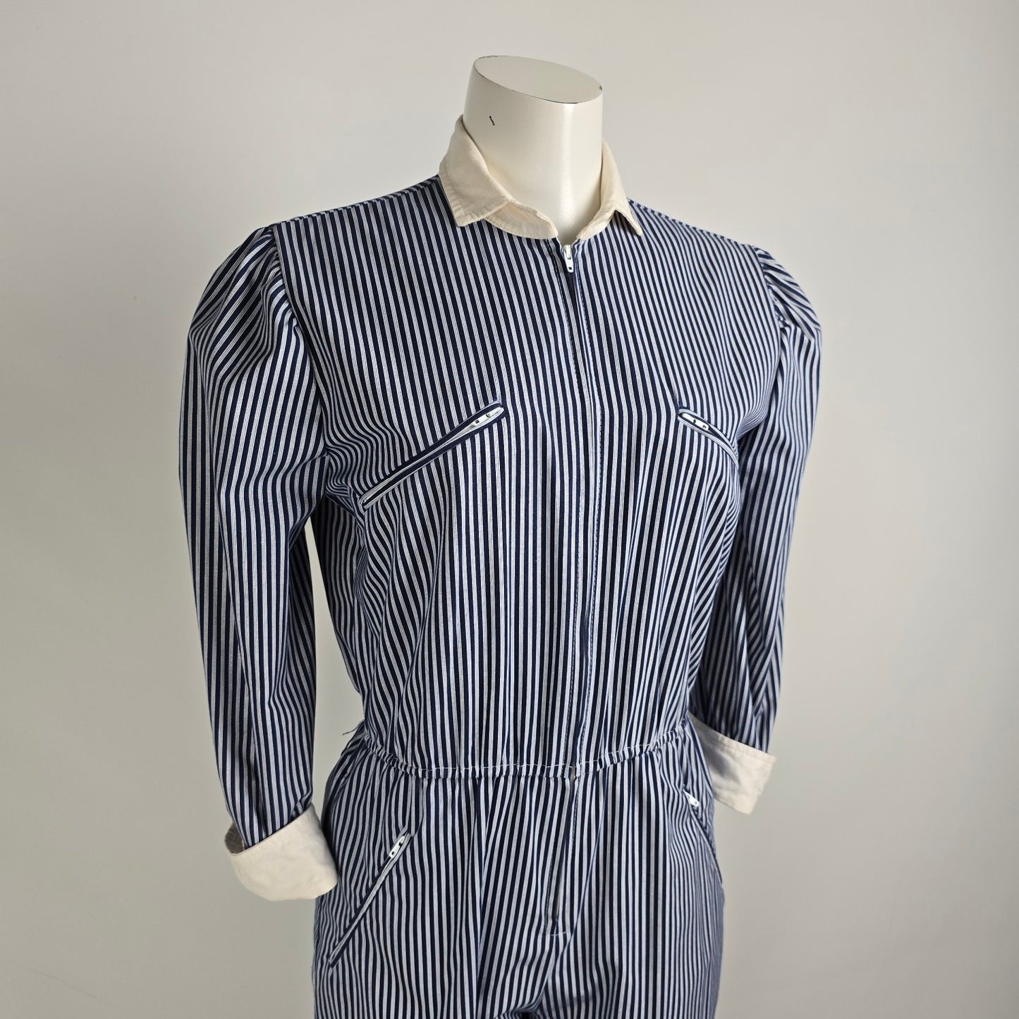 Vintage Impromptu Grey Stripped Puff Sleeve Jumpsuit Size S/M