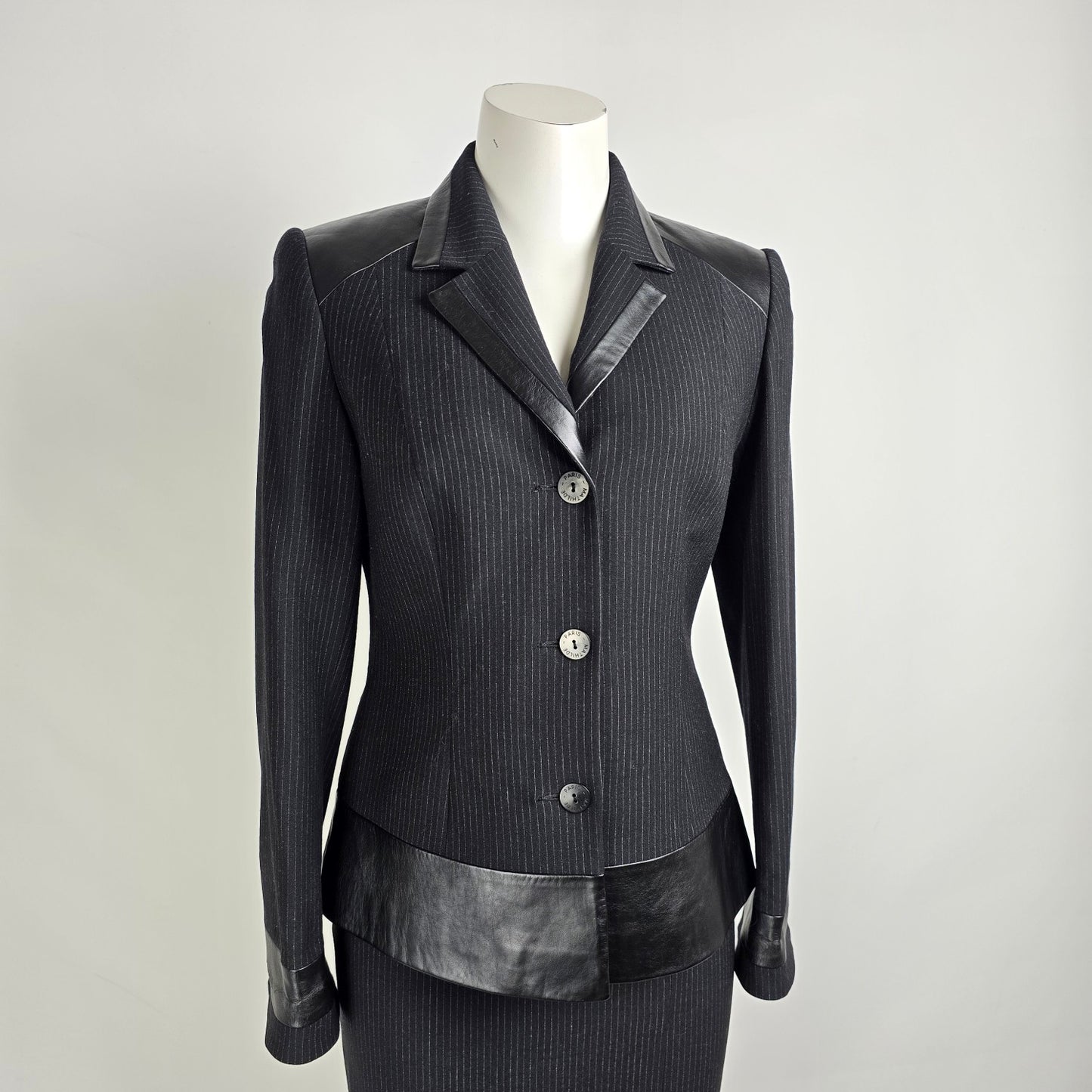 Vintage Mathilde Paris Black Pin Stripe Leather Accents Skirt & Blazer Suit Size 8