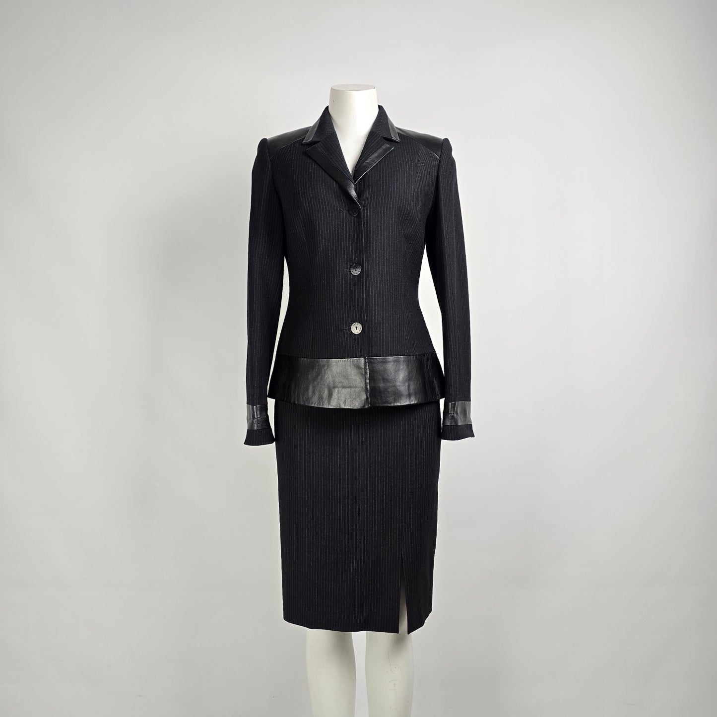 Vintage Mathilde Paris Black Pin Stripe Leather Accents Skirt & Blazer Suit Size 8