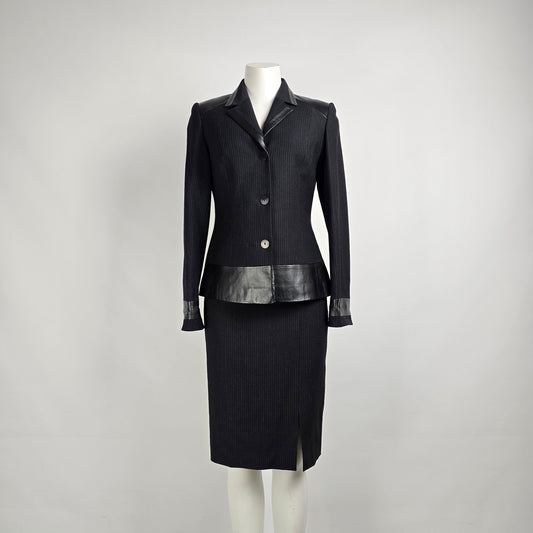 Vintage Mathilde Paris Black Pin Stripe Leather Accents Skirt & Blazer Suit Size 8
