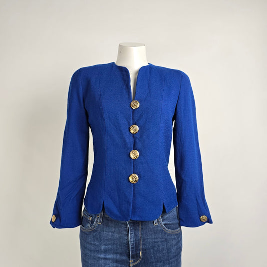 Vintage Herbert Grossman Blue Wool Gold Button Blazer Size 6