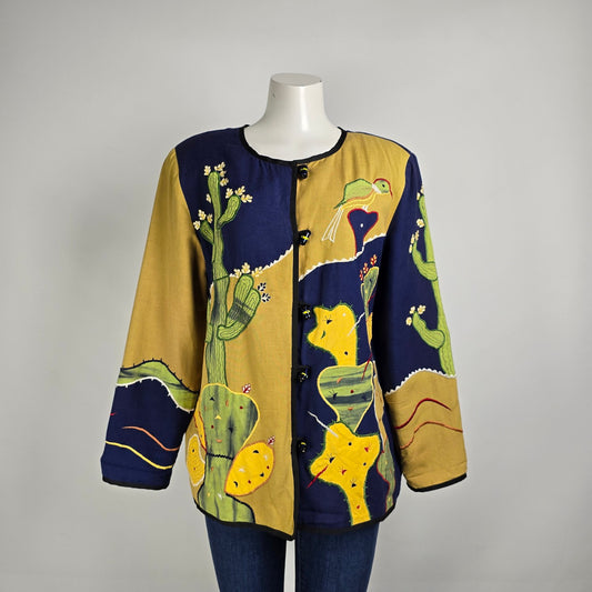Vintage Allure Cactus Embroidered Glass Buttons Light Jacket Size M/L