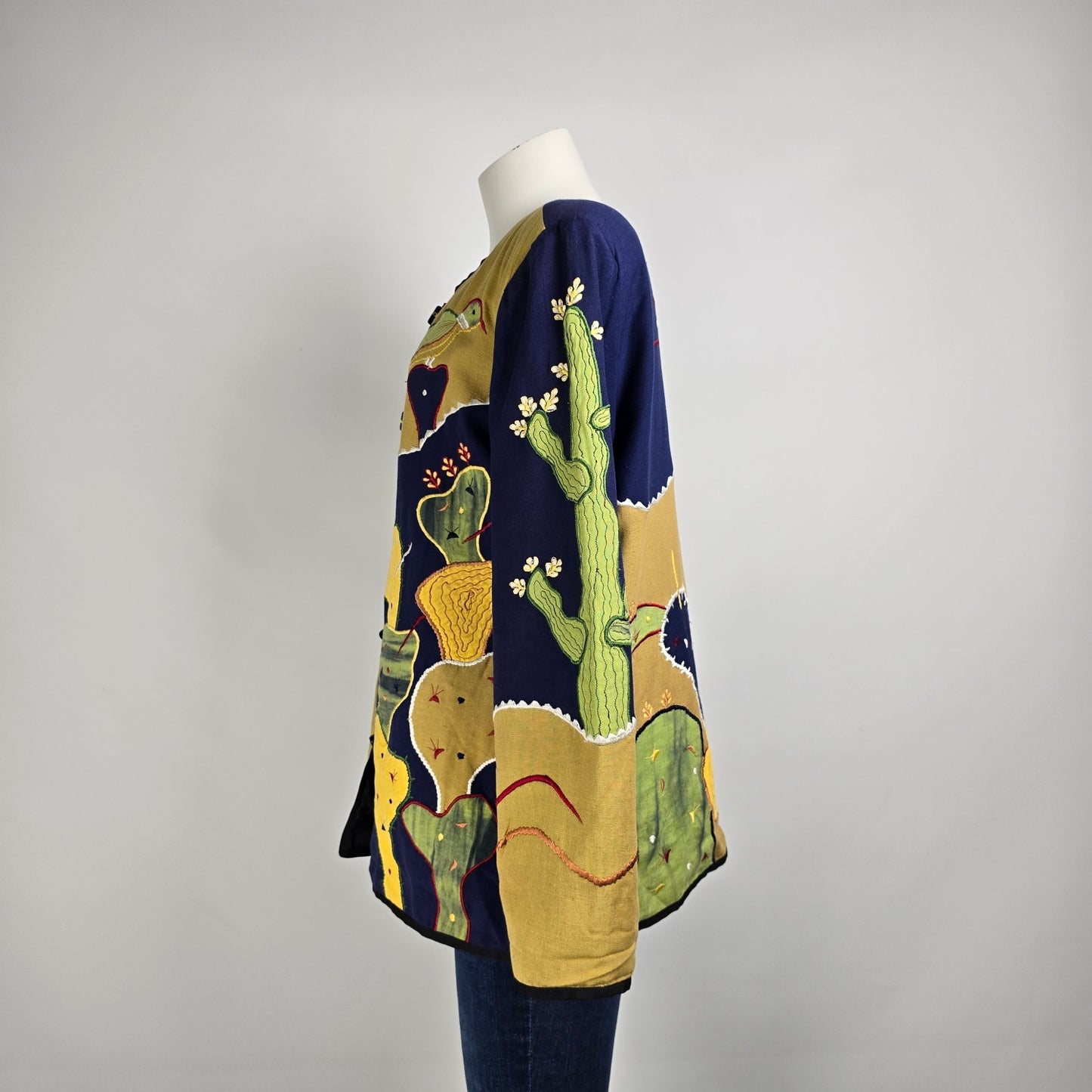 Vintage Allure Cactus Embroidered Glass Buttons Light Jacket Size M/L