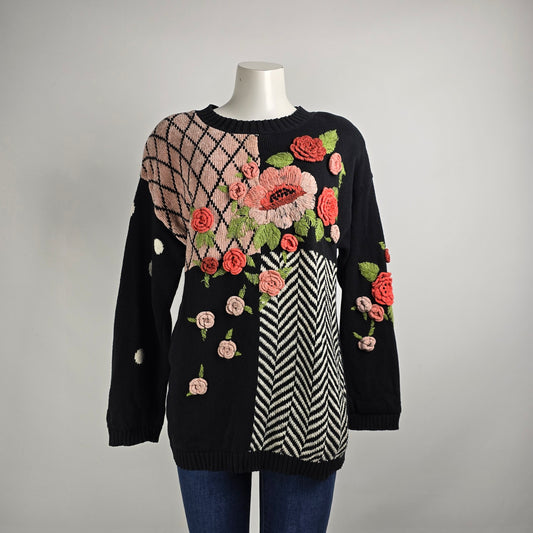 Vintage Carole Little Black Cotton Floral Embellished Knit Sweater Size M