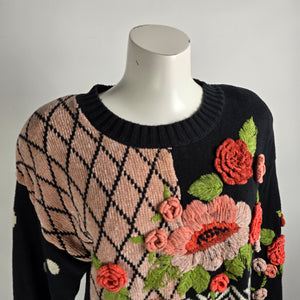 Vintage Carole Little Black Cotton Floral Embellished Knit Sweater Size M
