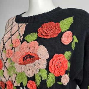 Vintage Carole Little Black Cotton Floral Embellished Knit Sweater Size M