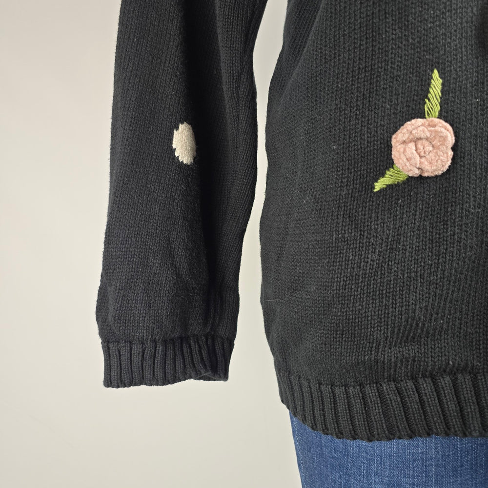 Vintage Carole Little Black Cotton Floral Embellished Knit Sweater Size M