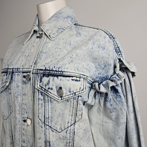 Avec Les Filles Acid Wash Oversized Ruffle Denim Trucker Jacket Size XS/S