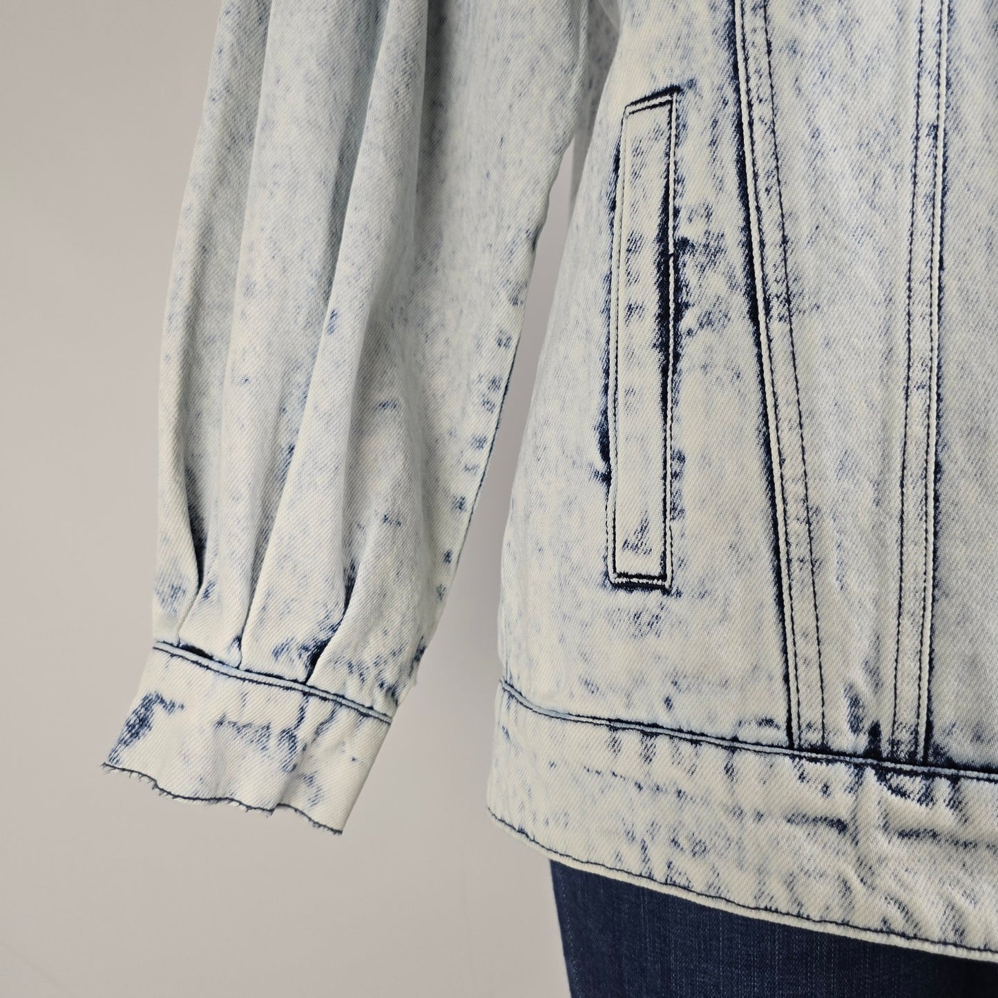 Avec Les Filles Acid Wash Oversized Ruffle Denim Trucker Jacket Size XS/S