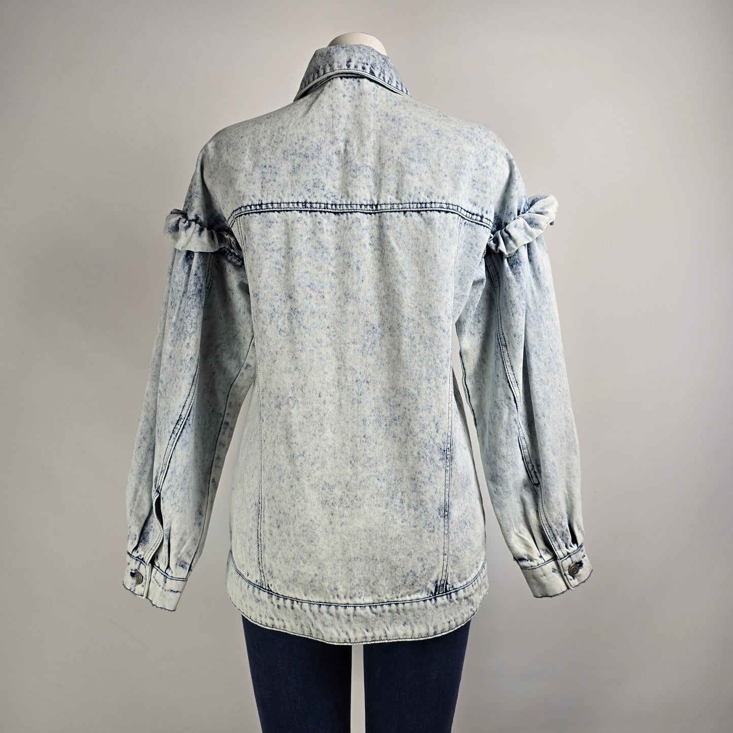 Avec Les Filles Acid Wash Oversized Ruffle Denim Trucker Jacket Size XS/S
