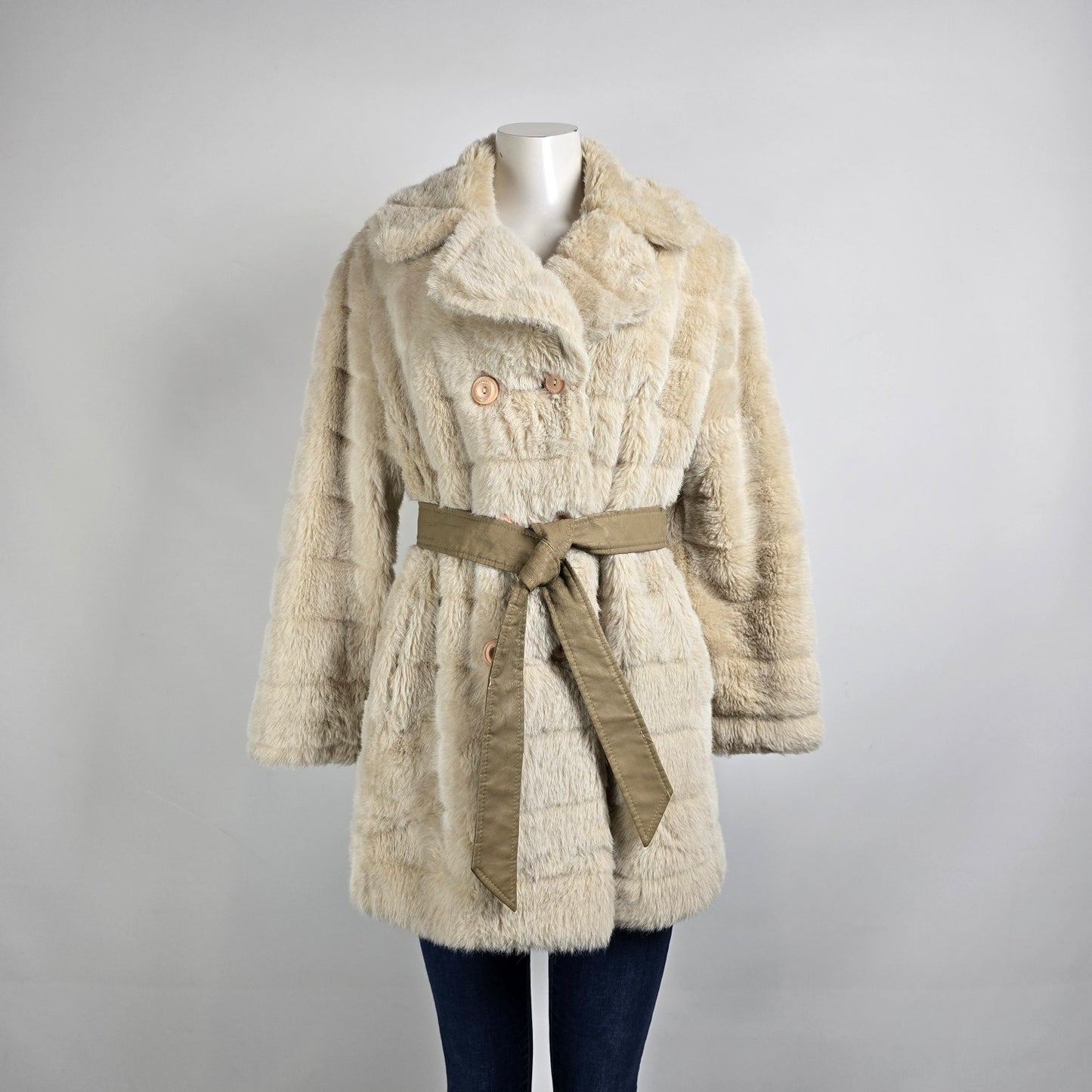 Vintage Cream Faux Fur Belted Coat Size M/L