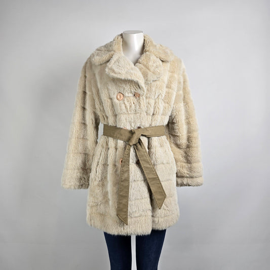 Vintage Cream Faux Fur Belted Coat Size M/L