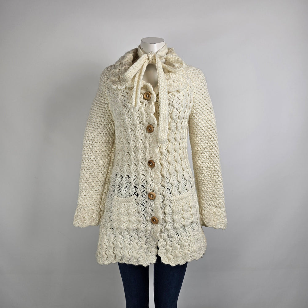 Vintage Hand Knit Wood Buttons Belted Long Cardigan Jacket Size S/M