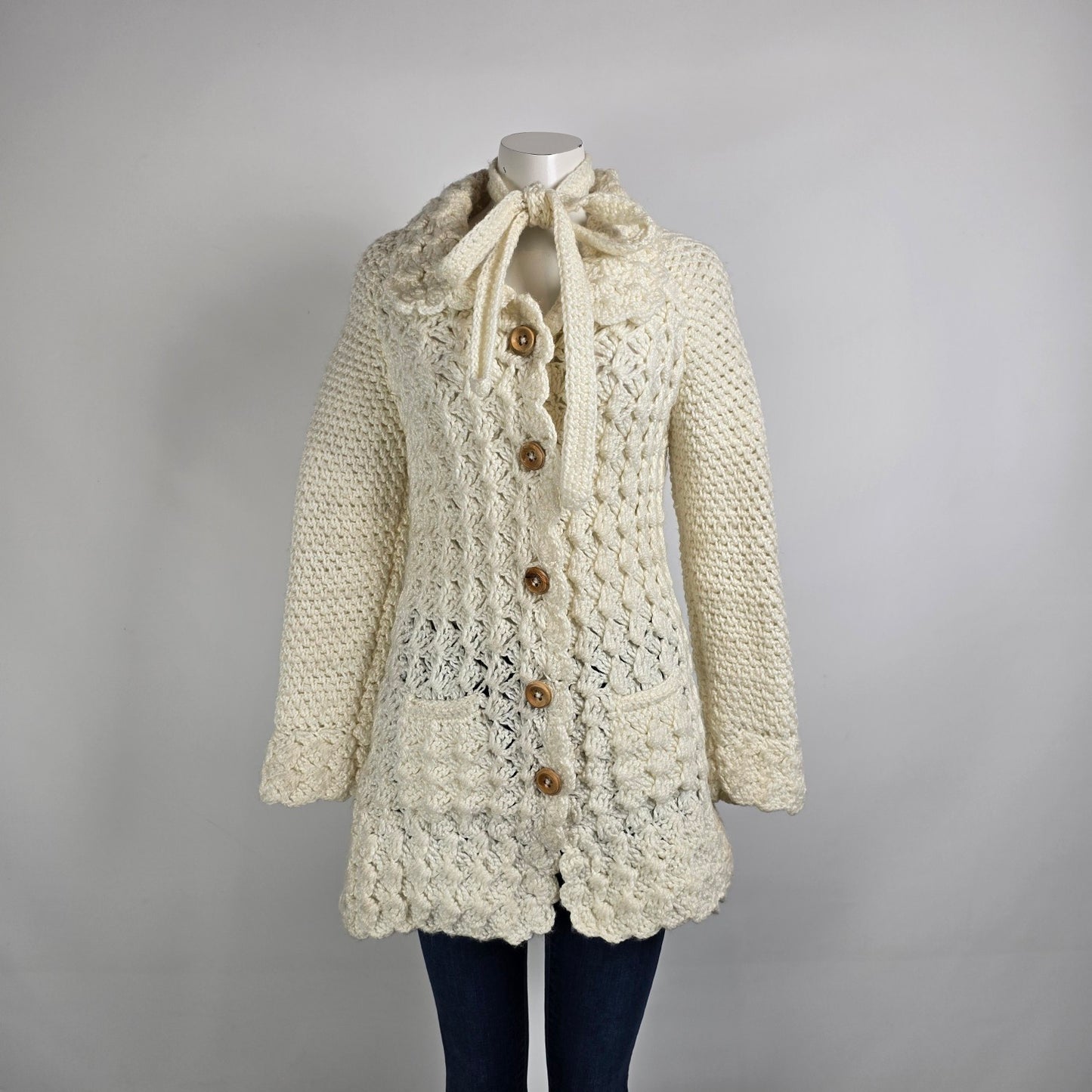 Vintage Hand Knit Wood Buttons Belted Long Cardigan Jacket Size S/M