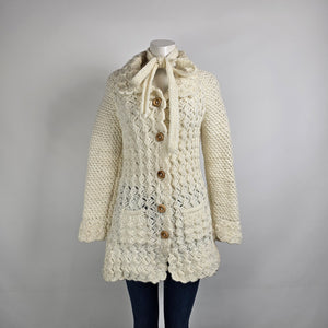 Vintage Hand Knit Wood Buttons Belted Long Cardigan Jacket Size S/M